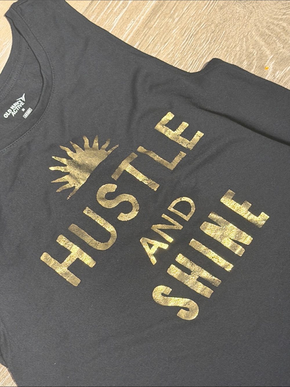 Old Navy Black Tank Top with Gold "Hustle and Shine" (A) - Picture 2 of 4